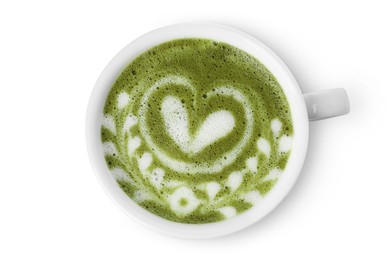 Photo of Delicious matcha latte in cup on white background, top view