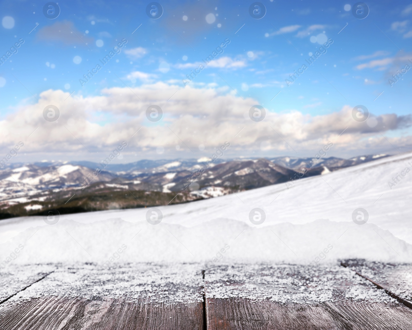 Image of Wooden surface and beautiful view of winter landscape 