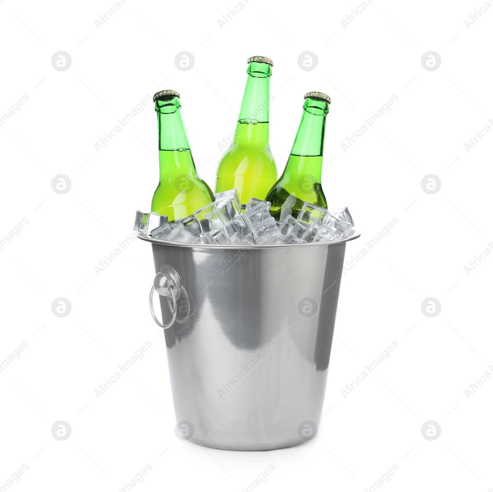 Photo of Metal bucket with bottles of beer and ice cubes isolated on white