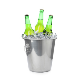 Photo of Metal bucket with bottles of beer and ice cubes isolated on white