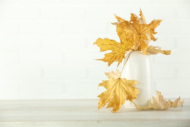 Photo of Beautiful autumn leaves in vase on table against white background, space for text