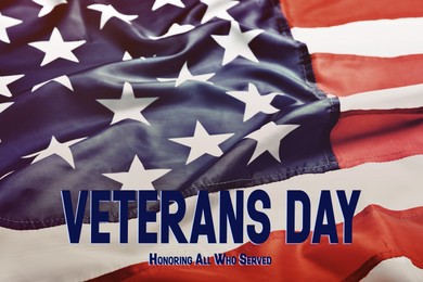 Image of Veterans day. Honoring all who served. American flag as background, closeup