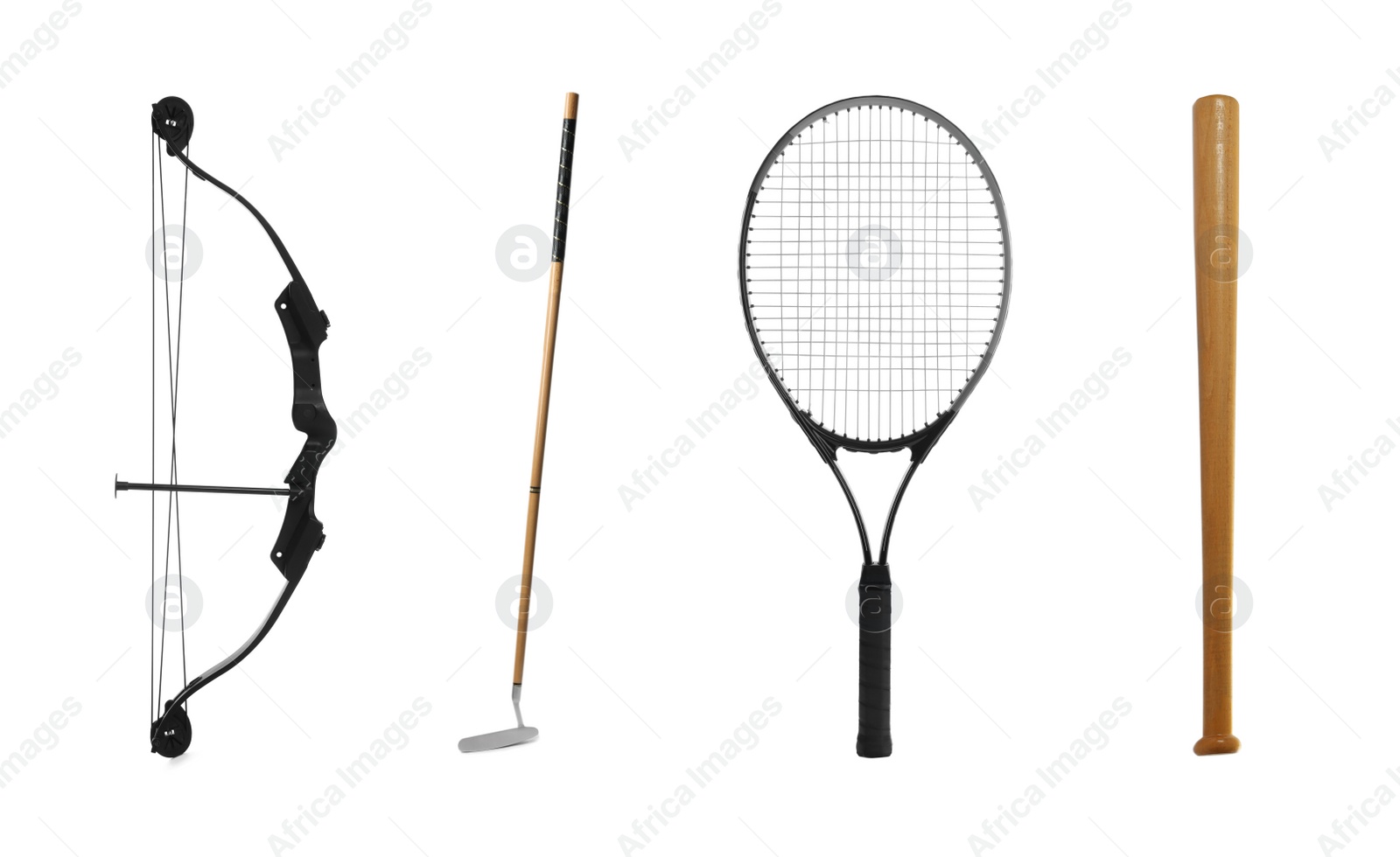 Image of Set with different sports tools on white background