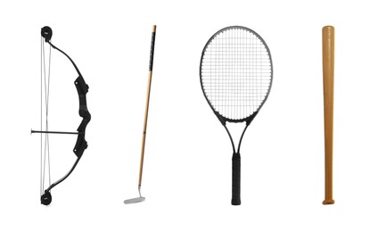 Image of Set with different sports tools on white background