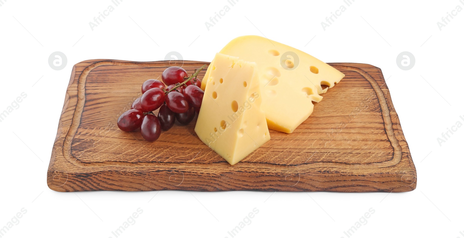 Photo of Pieces of delicious cheese and grapes isolated on white