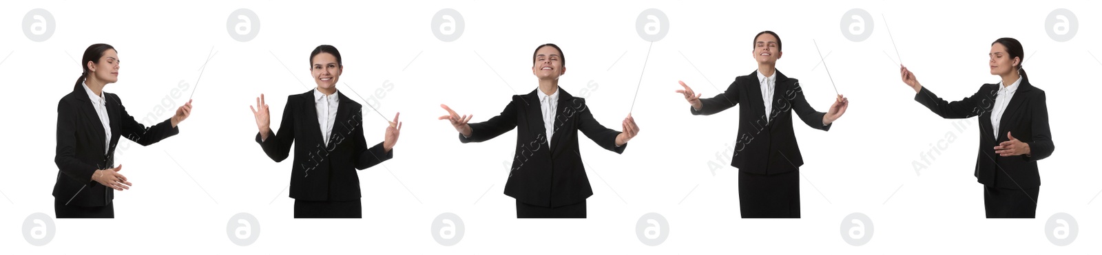 Image of Collage with photos of professional young conductor with baton on white background. Banner design