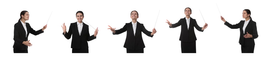 Collage with photos of professional young conductor with baton on white background. Banner design