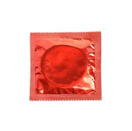 Photo of Condom package isolated on white, top view. Safe sex