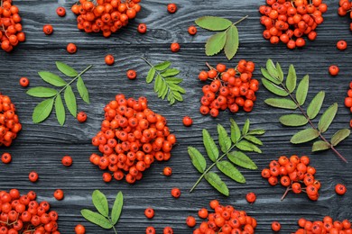 Photo of Fresh ripe rowan berries and green leaves on black wooden table, flat lay