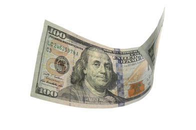 Photo of One hundred dollar banknote on white background. American national currency
