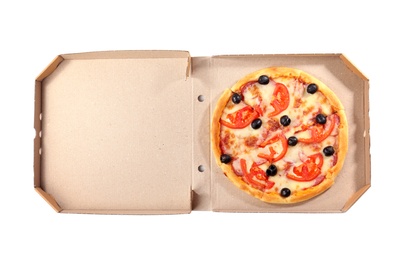 Photo of Open cardboard box with delicious pizza on white background, top view. Food delivery