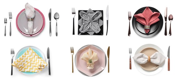 Image of Set with examples of different beautiful table settings on white background, top view. Banner design