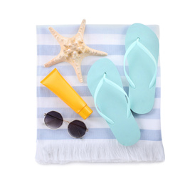 Photo of Composition with beach objects on white background, top view
