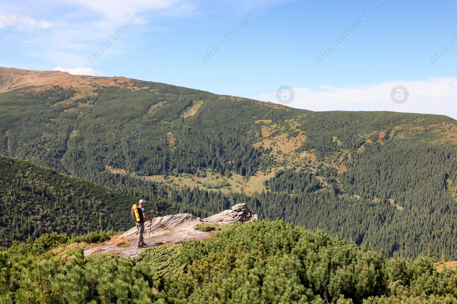 Photo of Tourist with backpack on cliff in mountains. Space for text