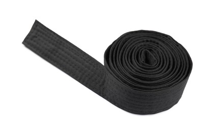 Photo of Black karate belt isolated on white. Martial arts uniform