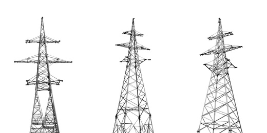 Image of Collage with high voltage towers isolated on white. Electric power transmission