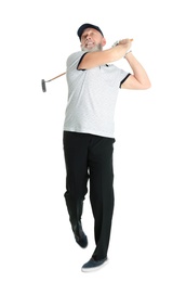 Photo of Senior man playing golf on white background