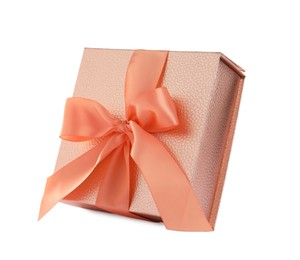 Photo of Beautiful pink gift box with ribbon and bow on white background