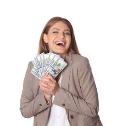 Photo of Portrait of happy young businesswoman with money on white background