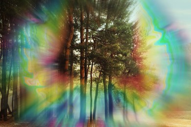 Image of View of forest and flashing lights effect. Migraine aura, symptom of disease