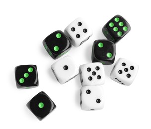 Photo of Many color game dices isolated on white, top view