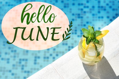 Image of Hello June. Refreshing water with lemon and mint near swimming pool