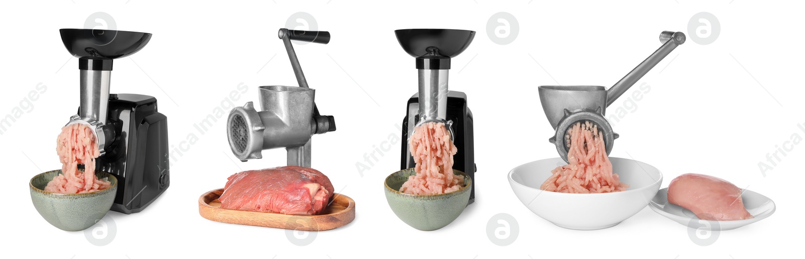 Image of Meat grinders with mince chicken and beef isolated on white, set