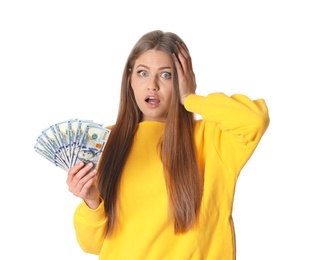 Photo of Excited young woman with money on white background