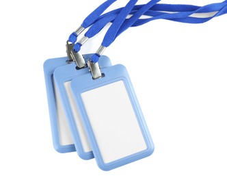 Photo of Blank badges on white background. Mockup for design
