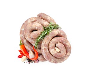Photo of Homemade sausages, garlic, chili, rosemary and peppercorns isolated on white, above view