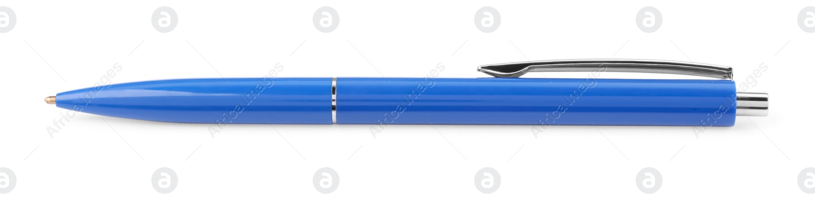 Photo of New stylish blue pen isolated on white