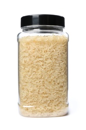 Photo of Parboiled rice in jar, isolated on white. Mock up for design