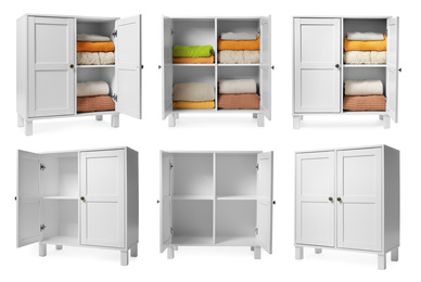Image of Collage of modern cabinets on white background