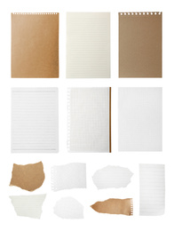 Image of Set of different notebook papers on white background