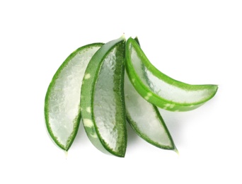Photo of Aloe vera slices on white background
