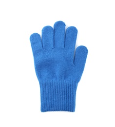 Photo of Blue woolen glove on white background, top view. Winter clothes