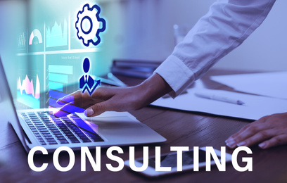 Image of Consulting concept. Businesswoman working with laptop in office, closeup