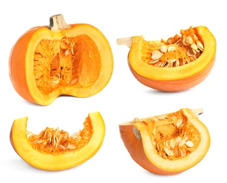 Image of Set of cut fresh pumpkins on white background