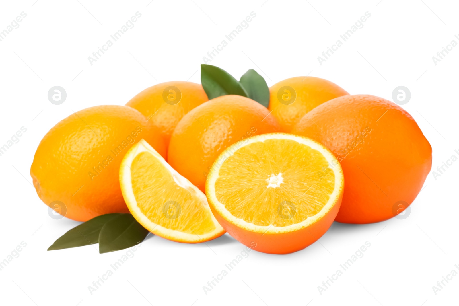 Photo of Fresh oranges with leaves isolated on white