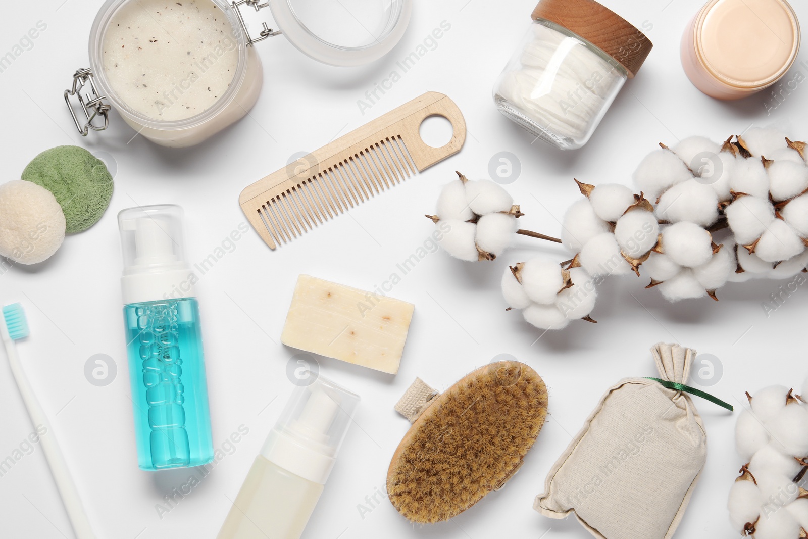 Photo of Bath accessories. Flat lay composition with personal care products on white background