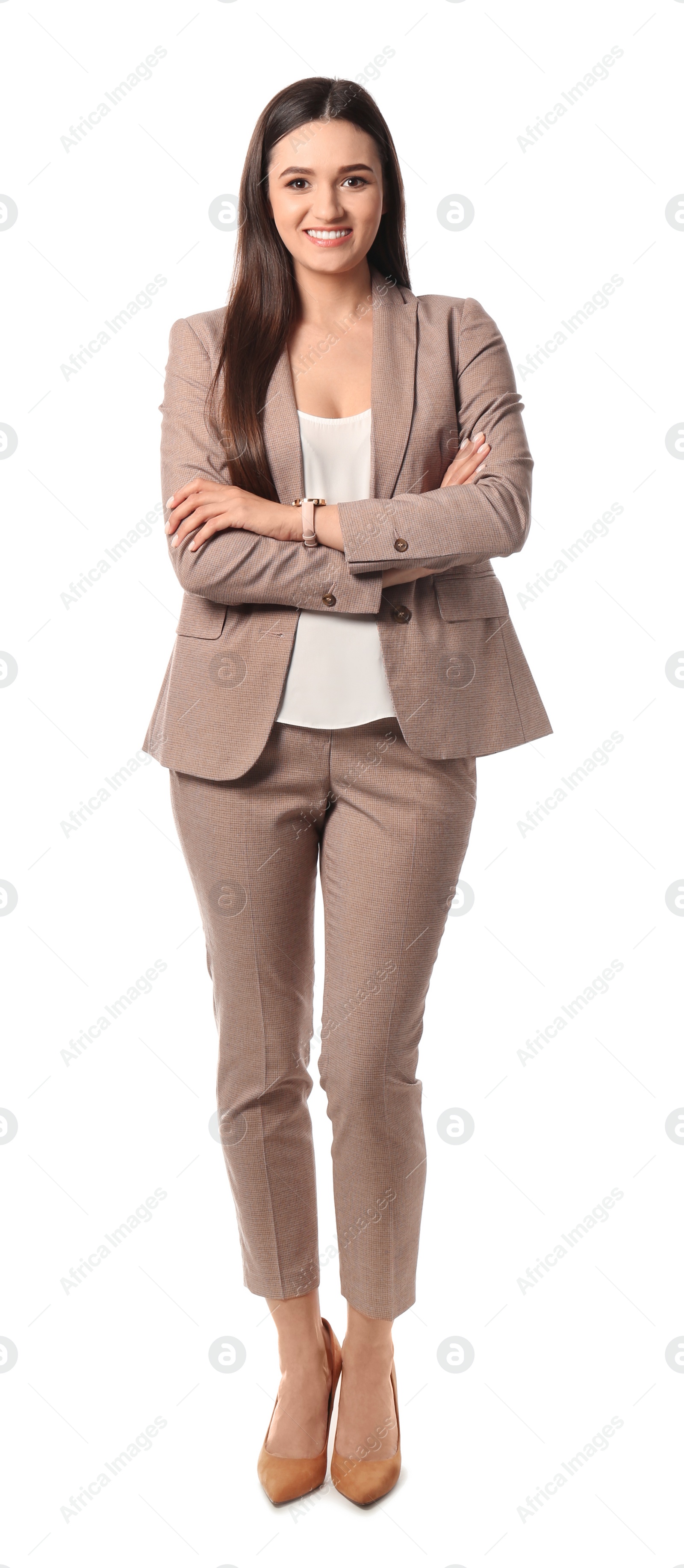 Photo of Full length portrait of businesswoman posing on white background