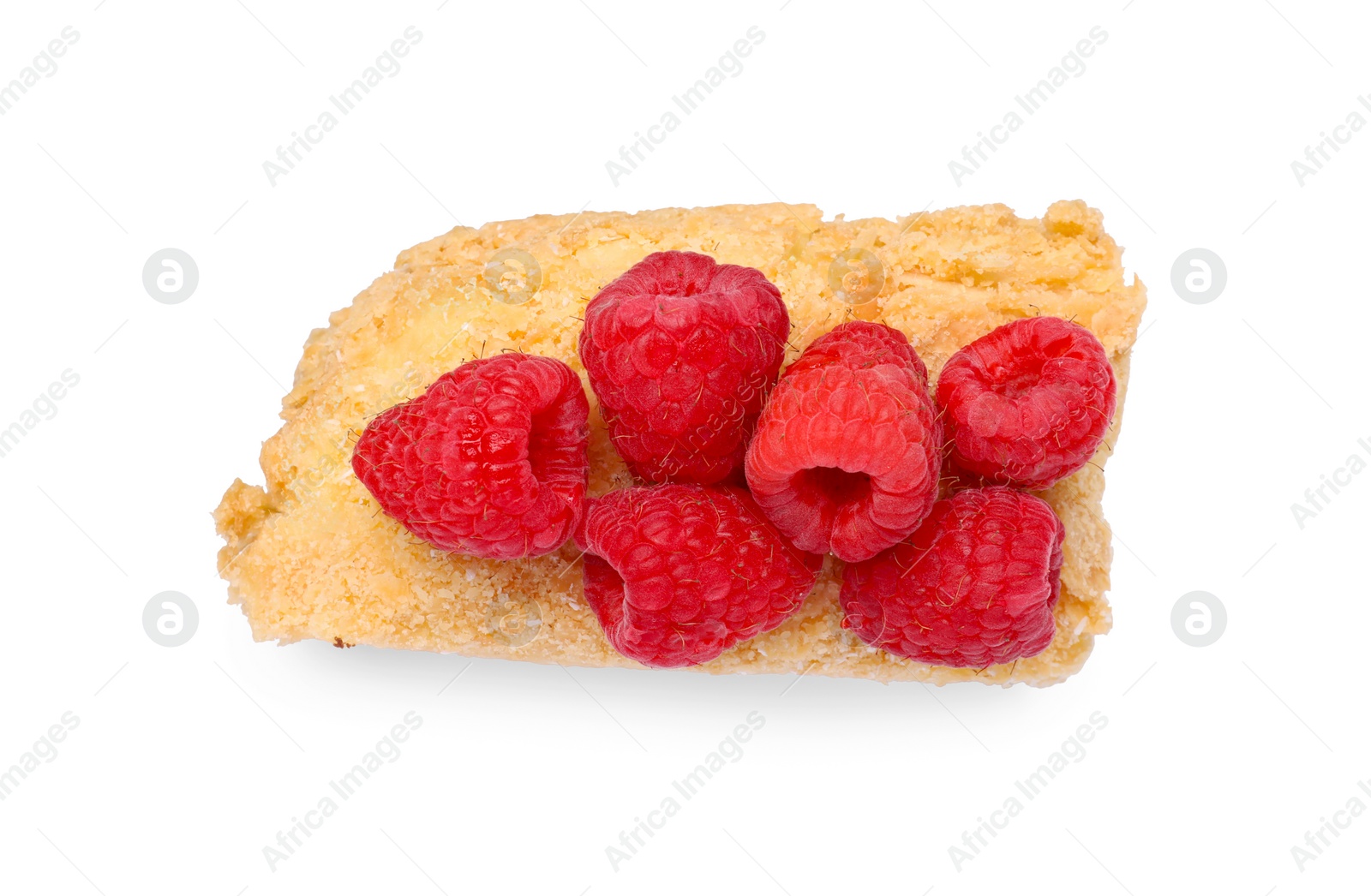 Photo of Delicious cake with raspberries isolated on white, top view