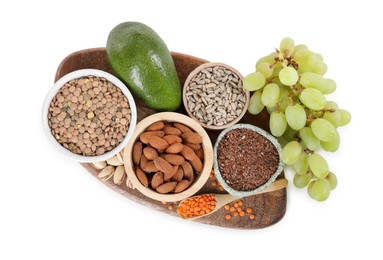 Photo of Board with different seeds, nuts and products high in healthy fats isolated on white, top view