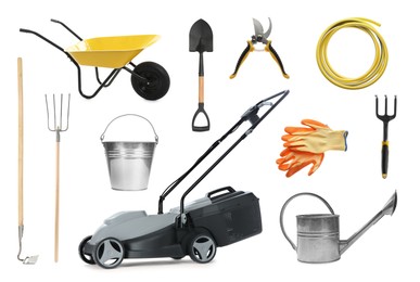 Set with different gardening tools on white background