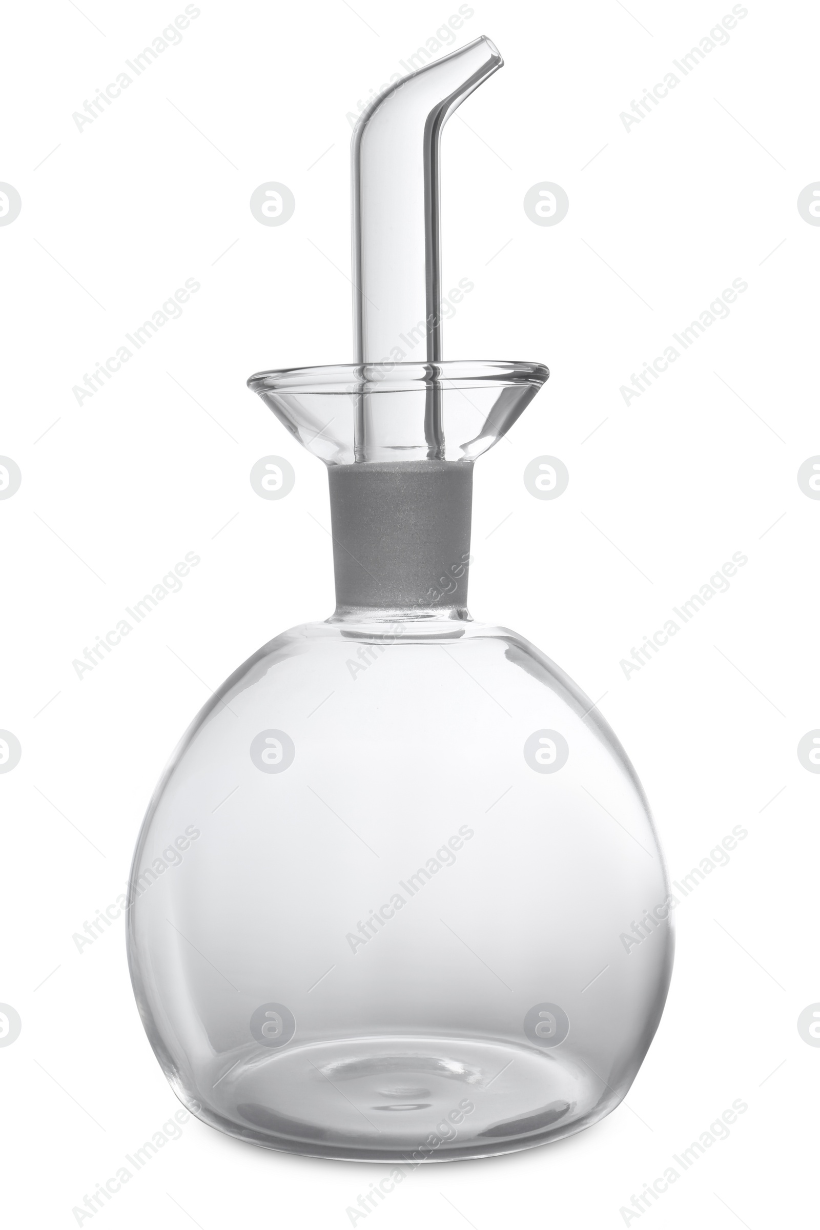 Photo of Empty glass bottle for oil on white background