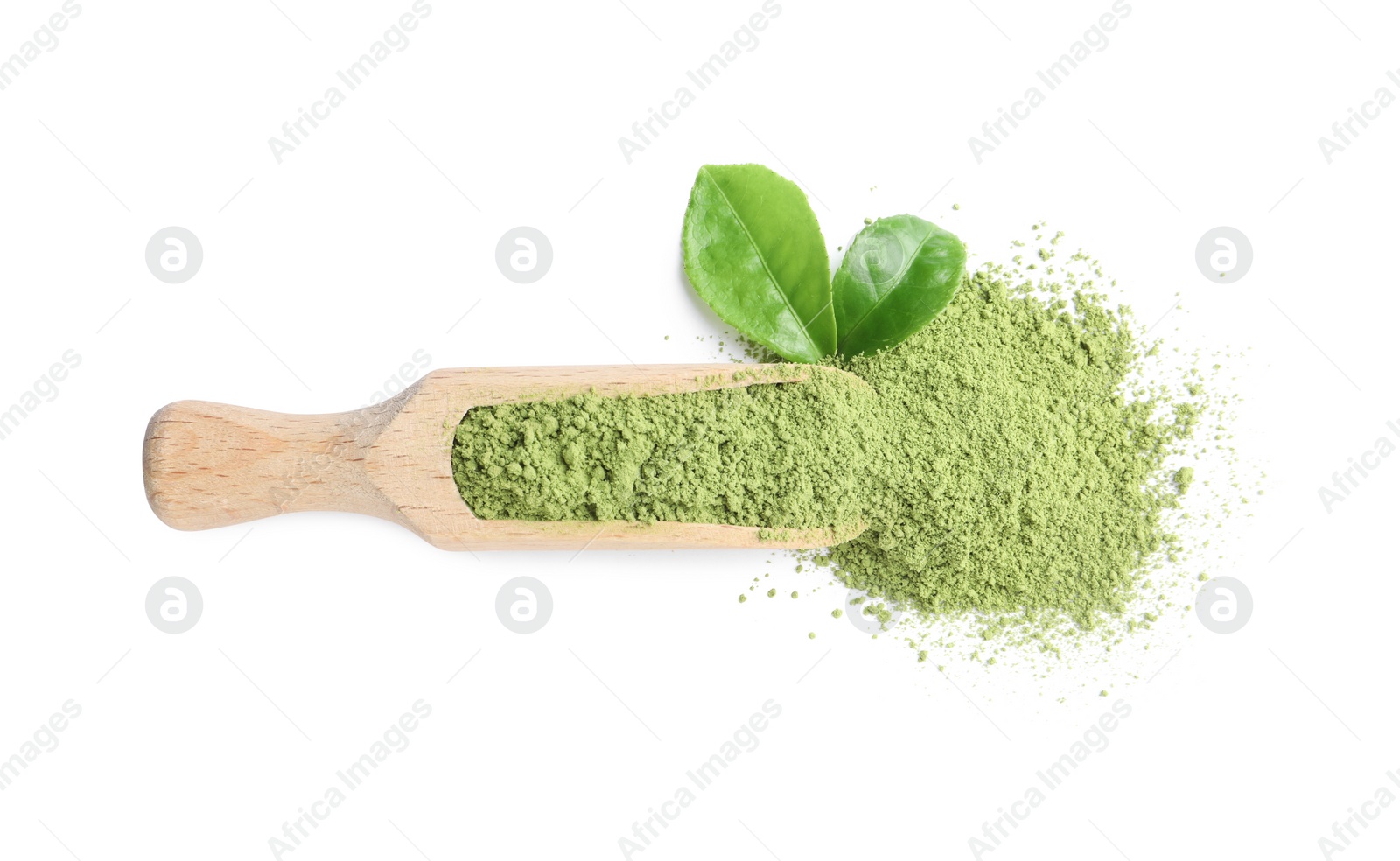 Photo of Leaves and scoop with matcha powder isolated on white, top view