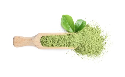 Leaves and scoop with matcha powder isolated on white, top view