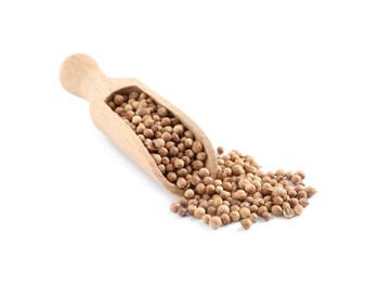 Photo of Dried coriander seeds with wooden scoop on white background