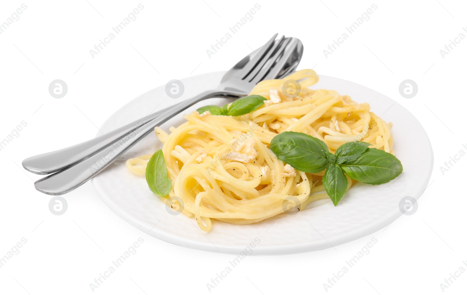 Photo of Delicious pasta with brie cheese and basil leaves on white background