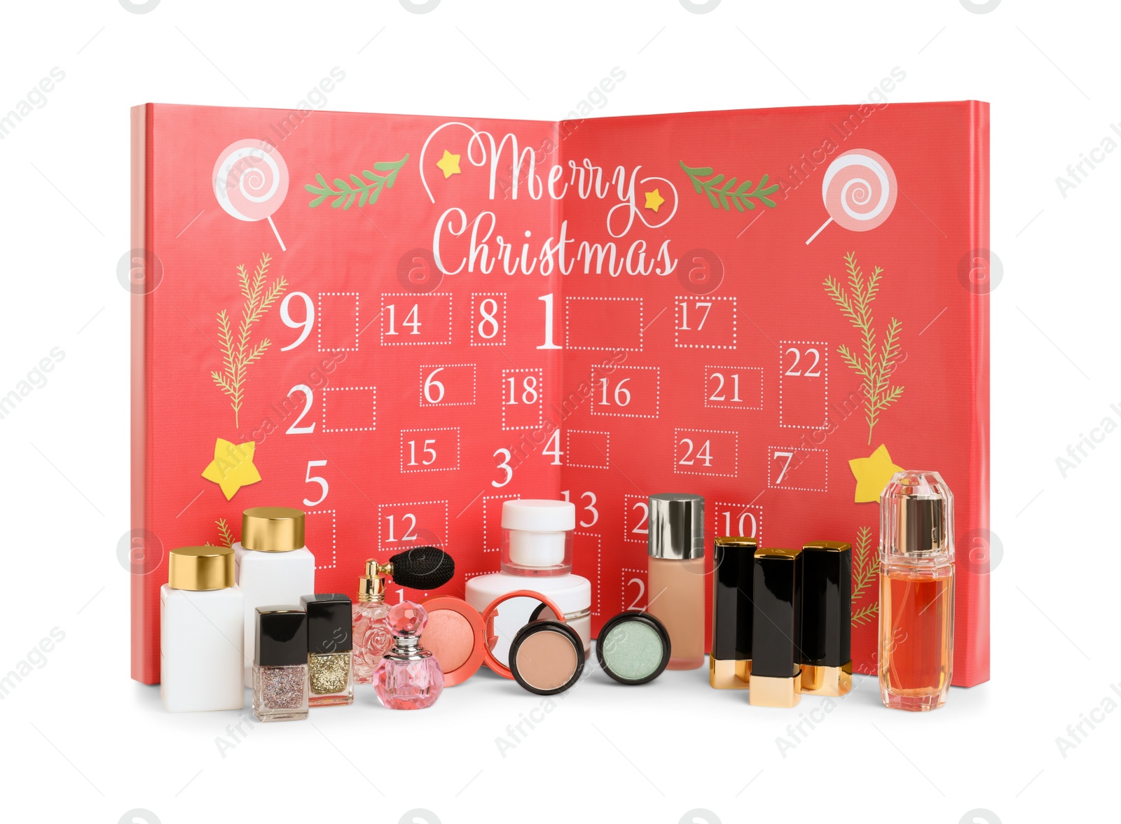 Christmas advent calendar with different cosmetics and perfumes isolated on white Photo of Christmas advent calendar with different cosmetics and perfumes isolated on white